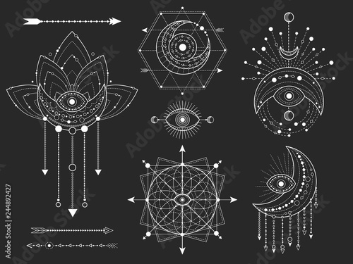 Vector set of Sacred geometric and natural symbols on black background. Abstract mystic signs collection. White linear shapes. For you design or modern magic craft.