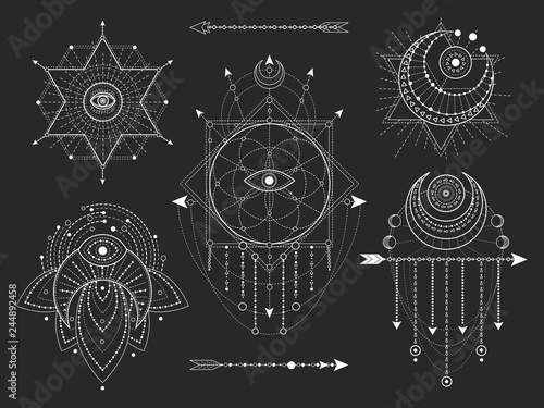 Vector set of Sacred geometric and natural symbols on black background. Abstract mystic signs collection. White linear shapes. For you design or modern magic craft.