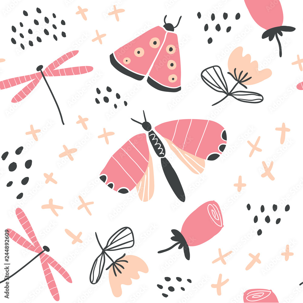 Hand drawn vector floral pattern with butterflies Hand drawn vector floral pattern with butterflies