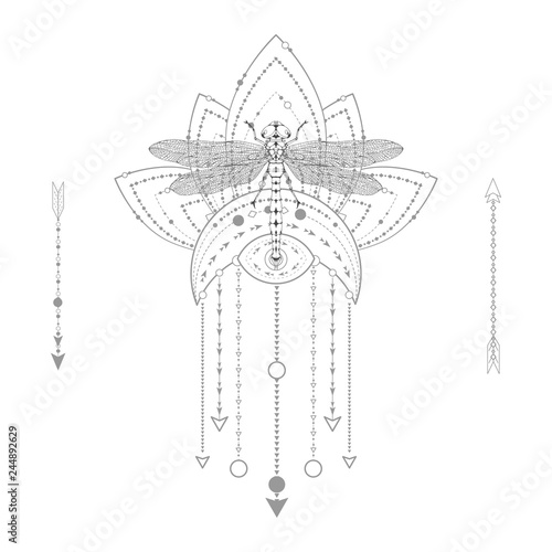 Vector illustration with hand drawn dragonfly and Sacred symbol on white background. Abstract mystic sign. Black linear shape. For you design, tattoo or magic craft.