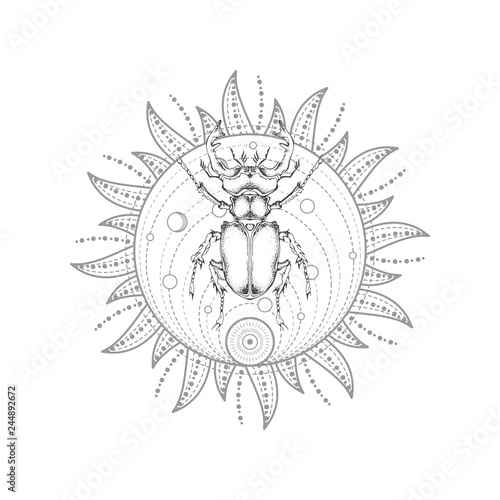 Vector illustration with hand drawn stag beetle and Sacred geometric symbol on white background. Abstract mystic sign. Black linear shape. For you design, tattoo or magic craft.