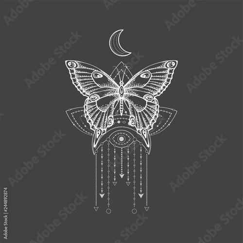 Vector illustration with hand drawn butterfly and Sacred symbol on black background. Abstract mystic sign. White linear shape. For you design, tattoo or magic craft.