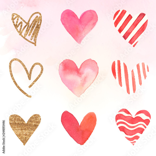 Heart icons watercolor illustration set