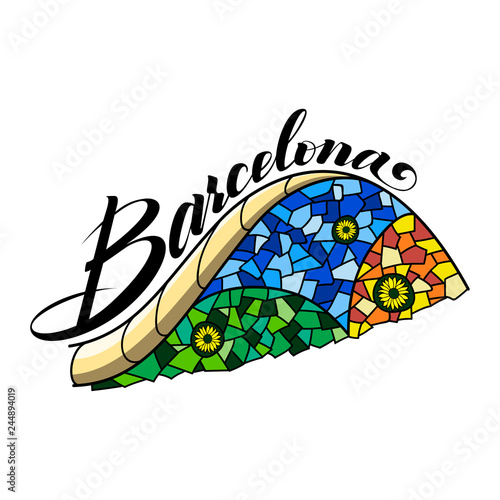 Illustration with calligraphy Barcelona and park bench. Can be used for postcards, posters, prints for T-shirts. Vector