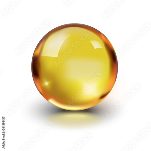 Oil gold glass ball isolated in vector on white background. Cosmetic pill capsule of vitamin E, A, Argan oil, Almond, cod liver, Omega 3, fish. Golden bubble template. Realistic 3d.