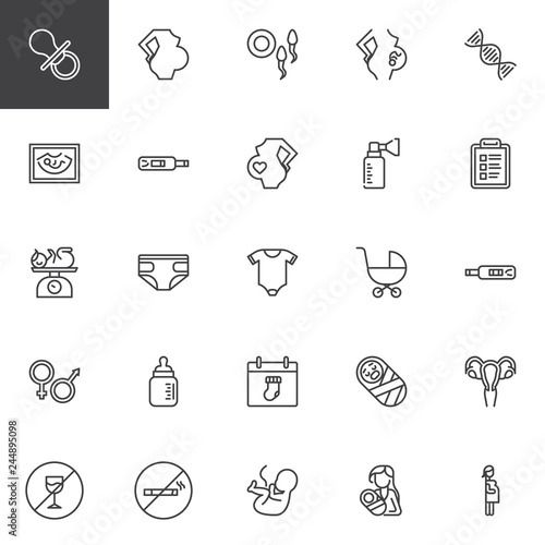 Maternity and pregnancy line icons set. linear style symbols collection, outline signs pack. vector graphics. Set includes icons as Pacifier, Pregnant woman, Fertilization, Breast pump, Baby Diapers