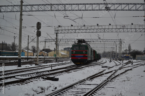 Train on the railway in winter