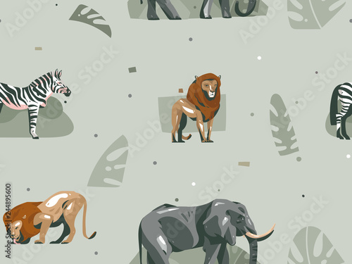 Hand drawn vector abstract modern graphic African Safari Nature ornamental illustrations art collage seamless pattern with zebra elephant lion and tropical palm leaves isolated on pastel background