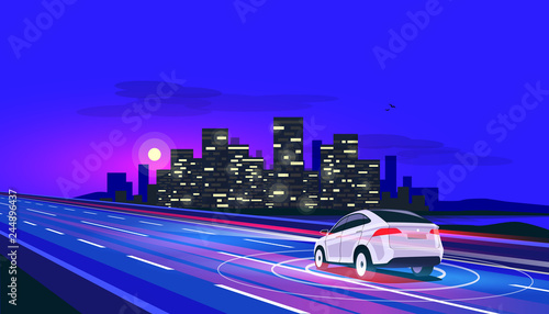 Vector illustration of smart autonomous driverless electric car driving on highway to the city. Radar sensors scanning distance. Road traffic with blurry lights and night city street glowing skyline.