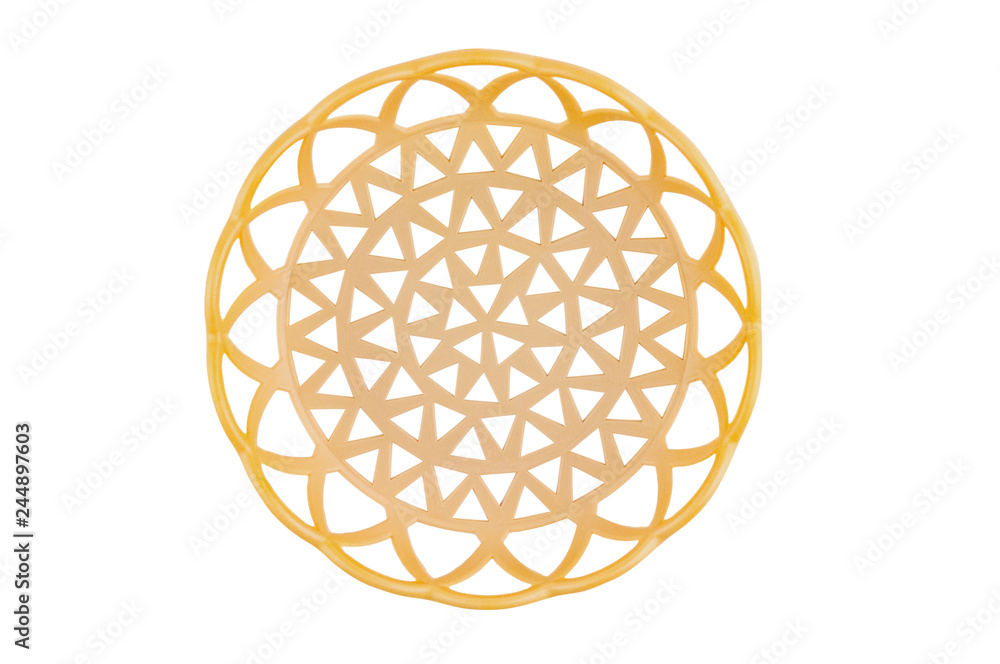 One empty circular plastic beige basket isolated on white background. Top view One empty circular plastic beige basket isolated on white background. Top view