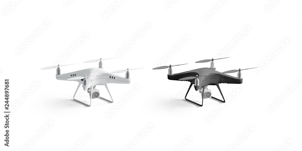 Blank black and white quadrocopter mockup set, stand isolated, Blank black and white quadrocopter mockup set, stand isolated,