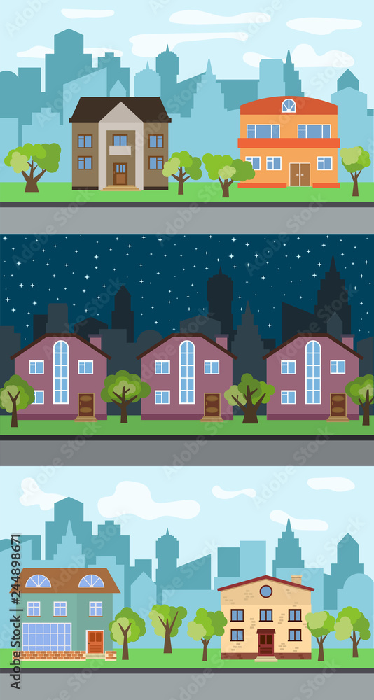 Set of three vector illustrations of city street with cartoon houses and trees