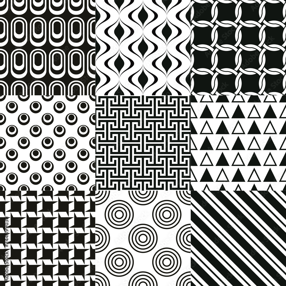 Set of geometric background. Seamless pattern. Vector illustration, black and white Set of geometric background. Seamless pattern. Vector illustration, black and white