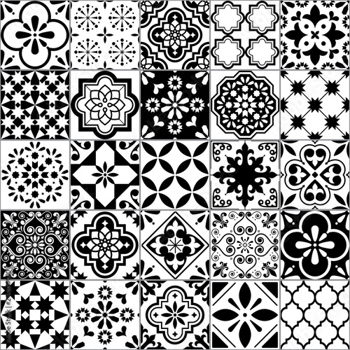 Lisbon geometric Azulejo tile vector pattern, Portuguese or Spanish retro old tiles mosaic, Mediterranean seamless black and white design