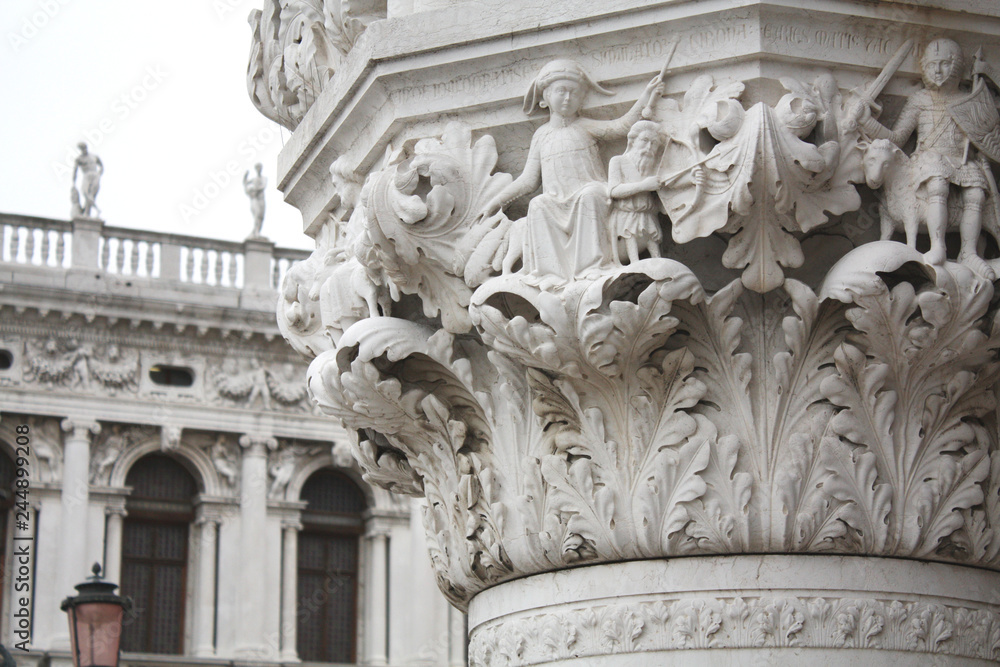 The Doge's Palace Column. San Marco square in Venice Italy. Column details.