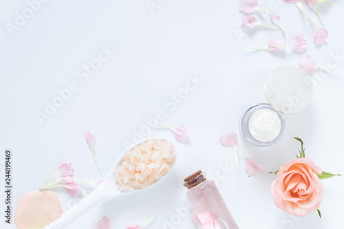 skin care concept. flat lays of skincare remedies style in package with blank label with natural materials isolated on white background