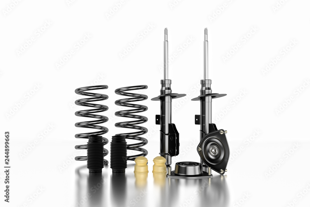 3D rendering. Passenger car Shock Absorber with dust cap, buffer mounting and strut mounting - new auto parts, spare parts. Spare parts for shop, aftermarket OEM 3D rendering. Passenger car Shock Absorber with dust cap, buffer mounting and strut mounting - new auto parts, spare parts. Spare parts for shop, aftermarket OEM