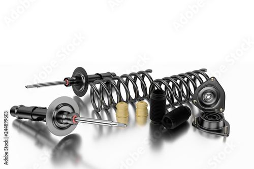 3D rendering. Passenger car Shock Absorber with dust cap, buffer mounting and strut mounting - new auto parts, spare parts. Spare parts for shop, aftermarket OEM