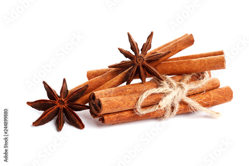 Cinnamon sticks and anise isolated on white background. Spice.