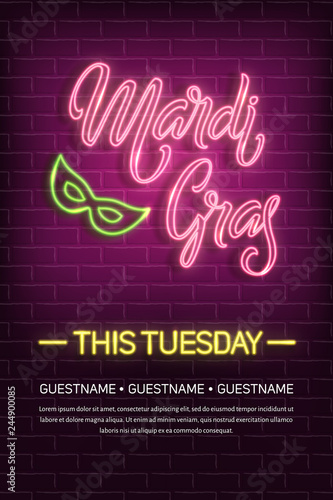 Fotografiet Mardi gras poster with neon lettering logo and purple brick wall background