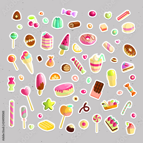 Sweet cartoon candy set. Collection of sweets, cartoon style. Jelly, candy, cakes, sweet donut and marmelade. Huge set of cartoon doodle form candies and sweets. Lollipop, cotton, donut and striped