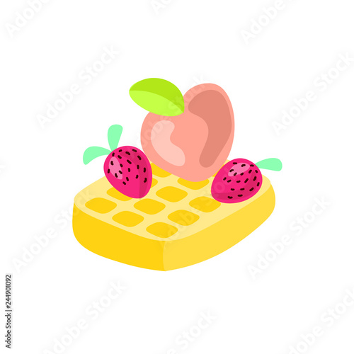 Cute cartoon vector illustration of Belgian waffle with strawberry and peach on top. Fruit belgian waffle icon, isolated on white background. Traditional belgian waffle with berries and fruits on top