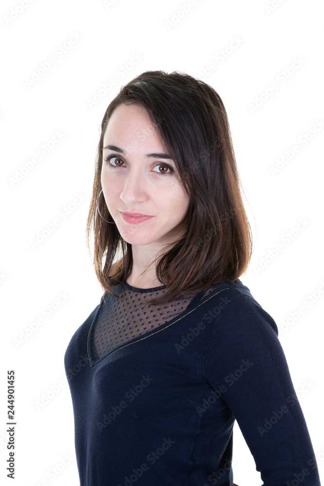portrait pretty brunette under white background portrait pretty brunette under white background