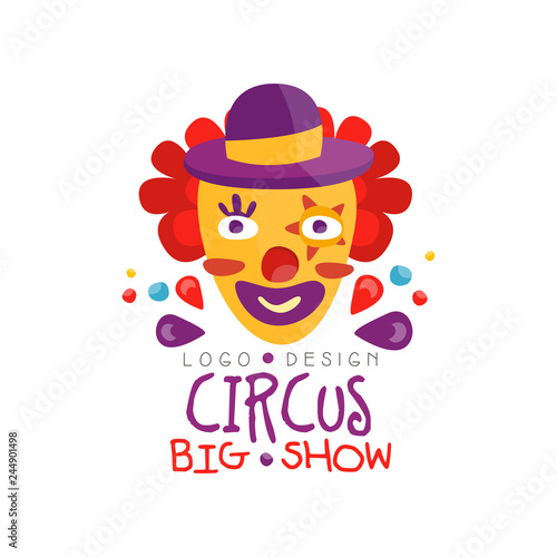 Circus big show logo design, carnival, festive, show label, badge, design element with funny clown can be used for flyear, poster, banner, invitation hand drawn vector Illustration