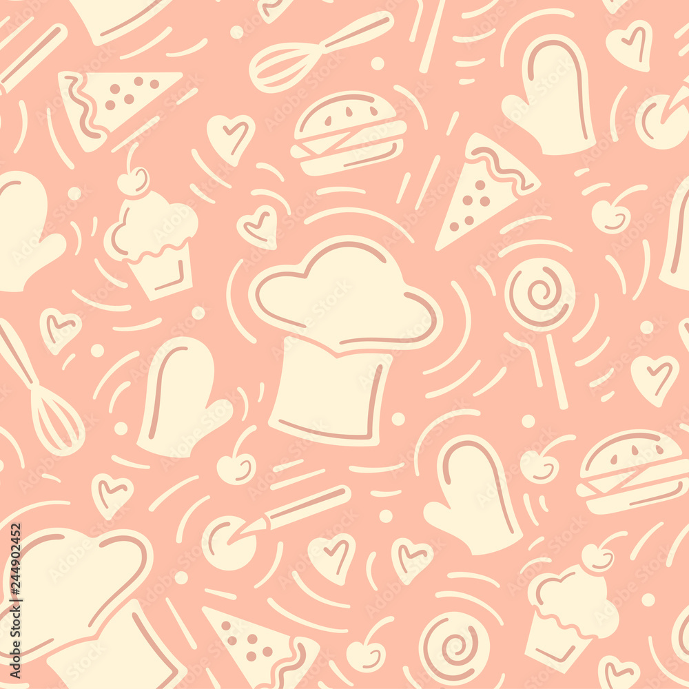 Seamless pattern with cook caps, kitchen elements and food. Flat style vector illustration. Suitable for wallpaper, wrapping or textile