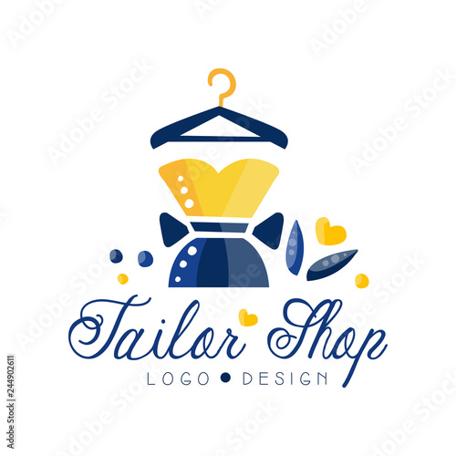 Tailor shop logo, dressmakers salon, sewing studio, fashion designer emblem, dress boutique, store vector Illustration