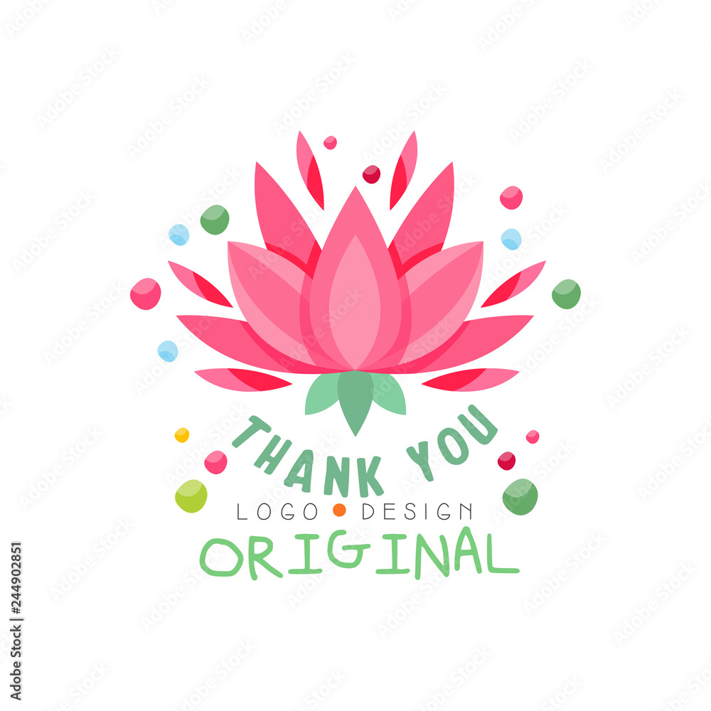 Thank You logo design original, holiday card, banner, invitation with lettering, colorful label with floral elements vector Illustration
