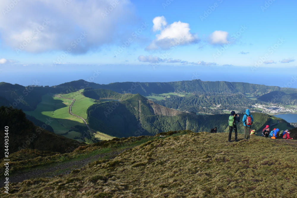 Hiking volcano crater on Sete Cidades, Sao Miguel island, Azores, Portugal