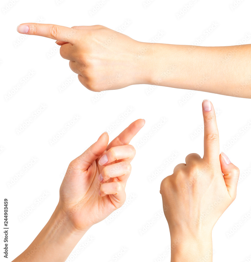 Set of woman hands with the index finger pointing on side Set of woman hands with the index finger pointing on side
