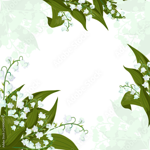Greeting card. Lilly of the valley - May bells Convallaria majalis with green leaves on a white background
