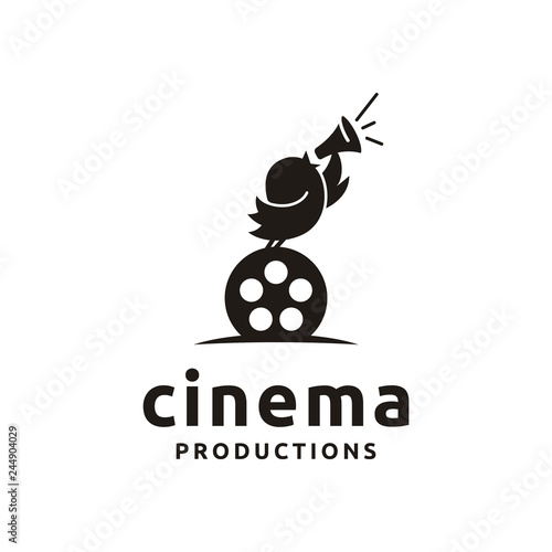 Cute Sparrow Bird Silhouette with Film Reel for Video Cinema Movie Studio Production logo design