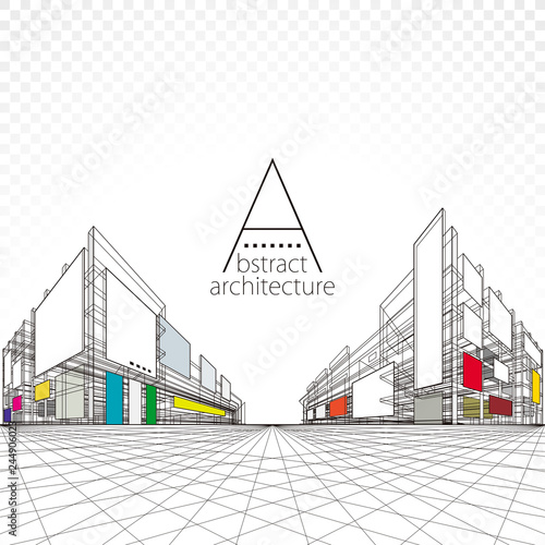 3D illustration architecture building perspective design, modern urban architecture abstract background.
