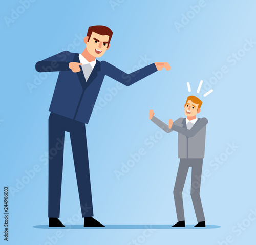 Big businessman ready to attack small man. Business competition, rivalry, boss, harassment at work. Flat design vector illustration