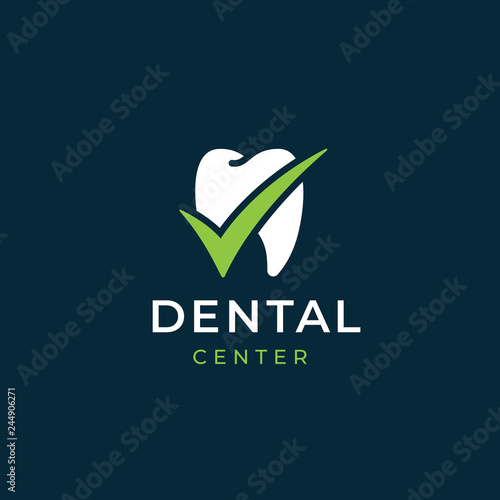 Modern minimal dentist logo design. Abstract tooth check tick icon logotype. Dental clinic vector sign mark icon.