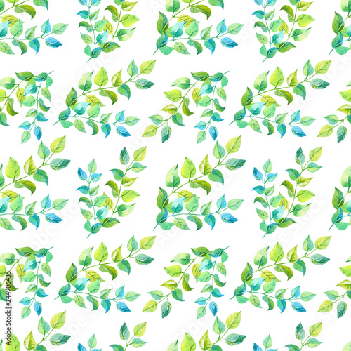 Watercolor Green twigs on white background.Spring,summer herbal Seamless pattern.