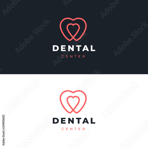 Dentist logo design template.  Tooth with heart creative symbol. Dental clinic vector sign mark icon.