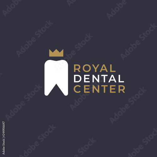 Luxury elegant dentist logo design template.  Tooth with crown creative symbol. Dental clinic vector sign mark icon.
