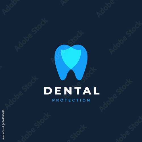 Modern minimal dentist logo design. Abstract shield tooth icon logotype. Dental clinic vector sign mark icon.