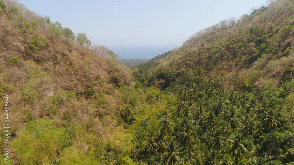 aerial view slopes mountains covered with forest and vegetation against blue sky. mountain hilly landscape in asia. tropical landscape
