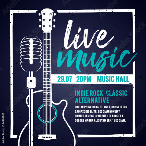 Vector illutration banner with an acoustic guitar and a microphone for concert, live music and party