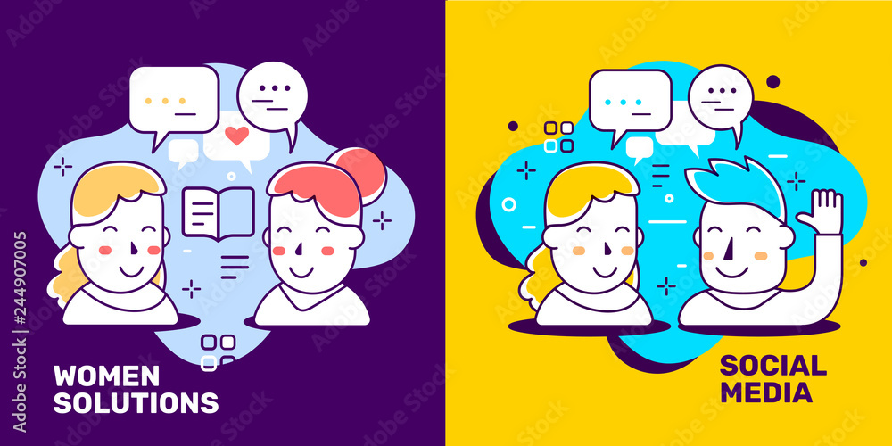 Vector creative set of illustration with head of people and icon on color background with text. Vector creative set of illustration with head of people and icon on color background with text.