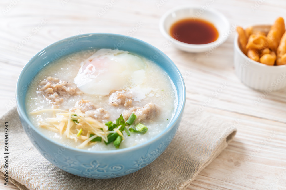 congee with minced pork in bowl congee with minced pork in bowl