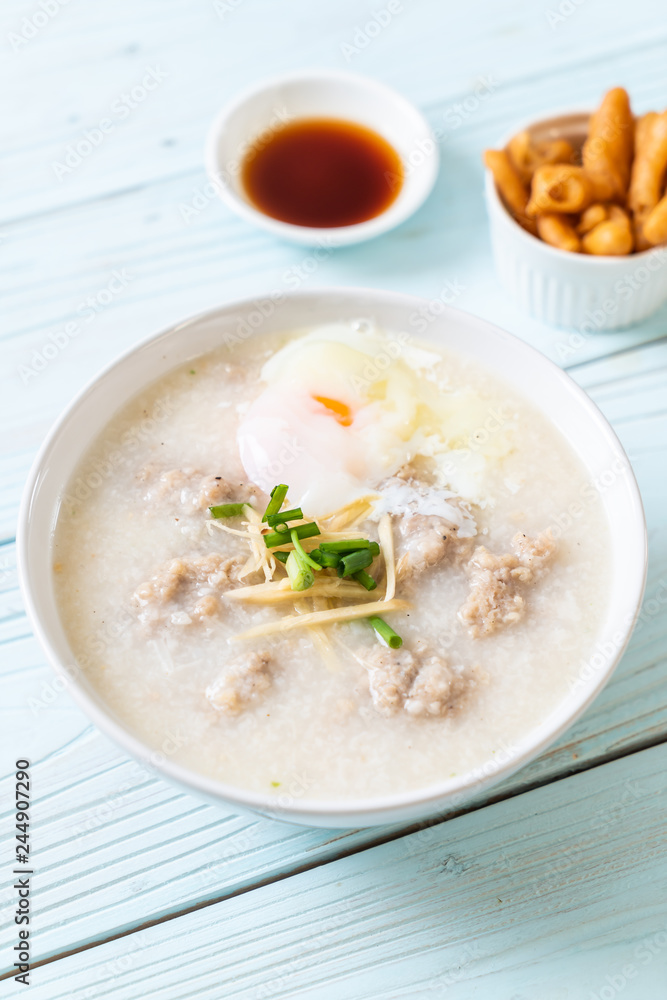 congee with minced pork in bowl congee with minced pork in bowl