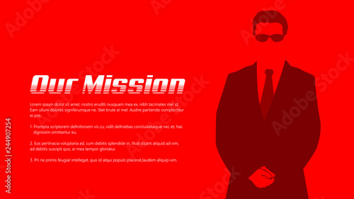 OUR MISSION web header banner man wear a formal suit and black sunglasses in stanby position  in red background flat style illustration photo