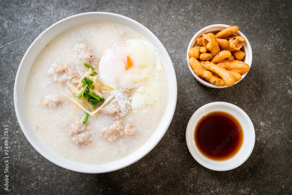 congee with minced pork in bowl congee with minced pork in bowl