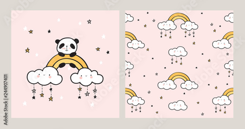 Greeting card with cute panda, gold rainbow, funny clouds and stars. Seamless pattern for children's textiles, wallpapers, gift wraps and scrapbook. Pink background. Vector.